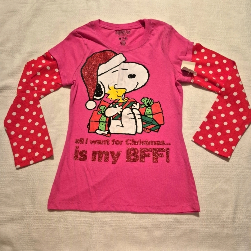 Peanuts Snoopy girls size Medium or 7/8, pink with red and white polka dot New